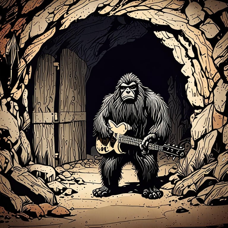 a gorilla with a guitar coming out of a bomb shelter