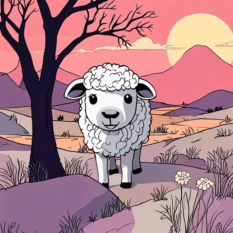 Cartoon landscape image with sheep in close up