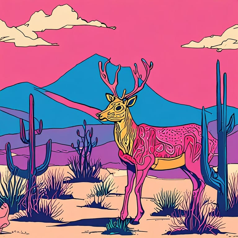 an image of a deer standing in a desert using abstract colours and a pen and marker art style, minimalist japanese art style, 2 castuses, pen strokes, usescolours blue pink green and yellow, brush and desert plants surrounding, bleu mountains in the background