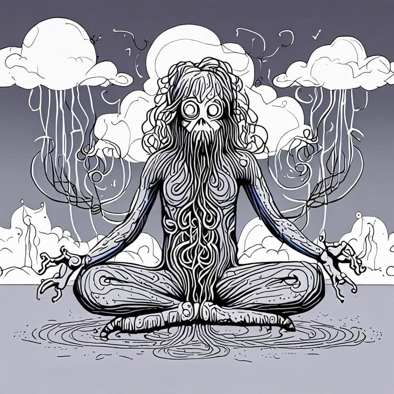 A man sitting cross legged, made out of spaghetti 
