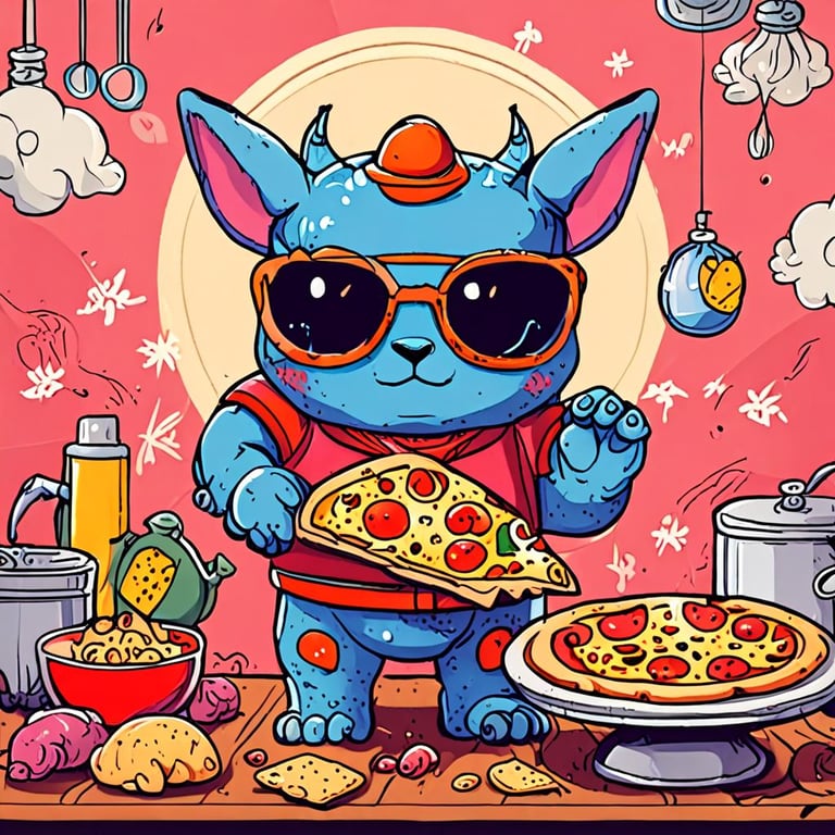 blue animal at a party with pizza 