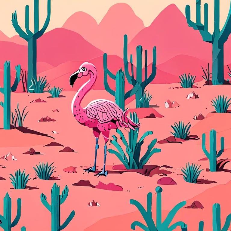 A flamingo in a desert surrounded by cactusses