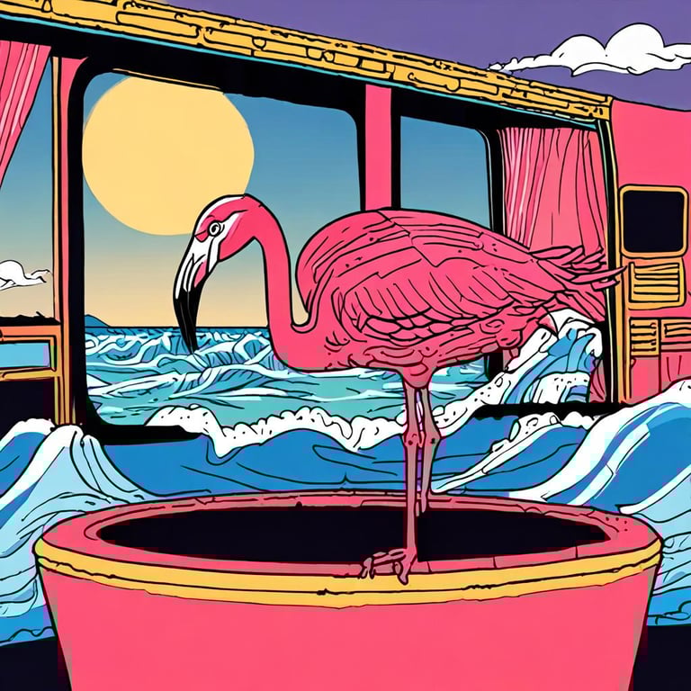 Flamingo in a window with a sunset and waves washing through