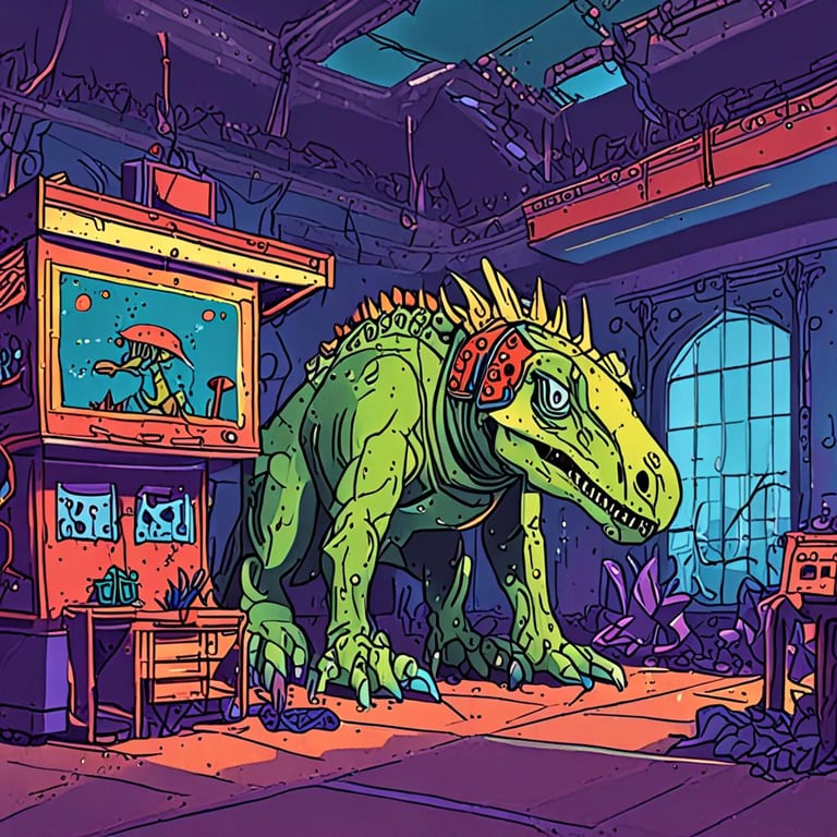 dinosaur robot in a derelict building