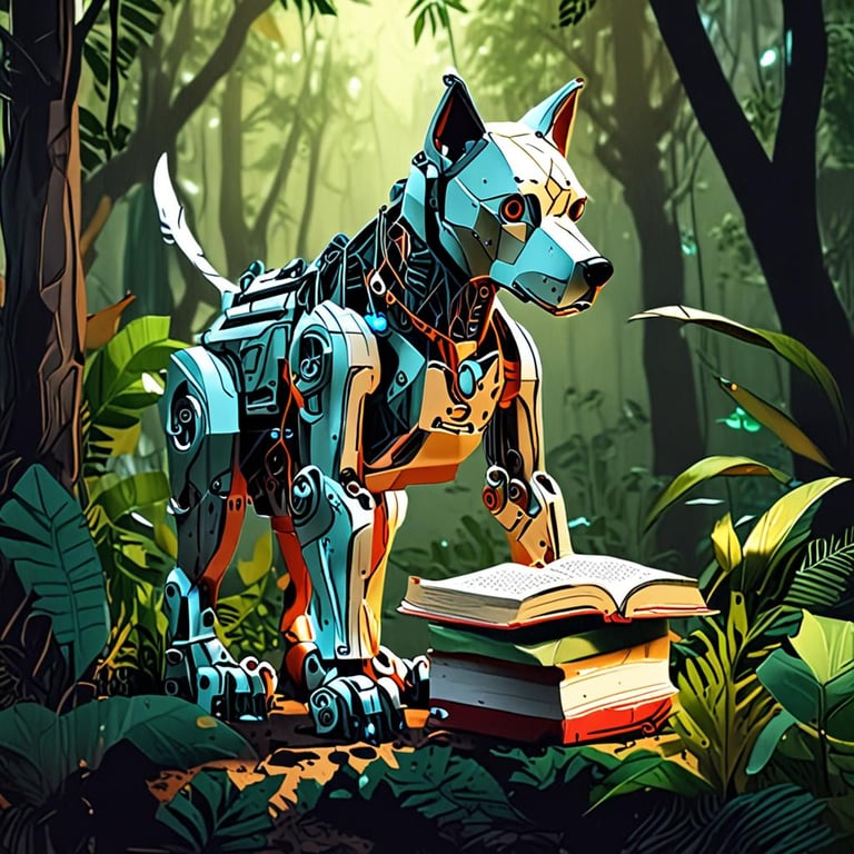 robot dog books forest