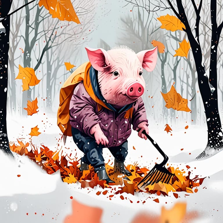 pig raking leaves